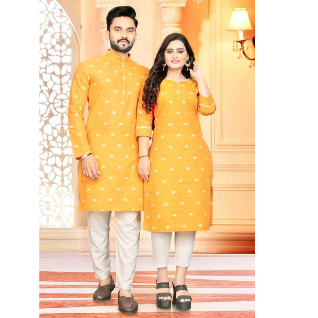 Couple wear Yellow Indian Traditional Same Matching Outfits mahezon