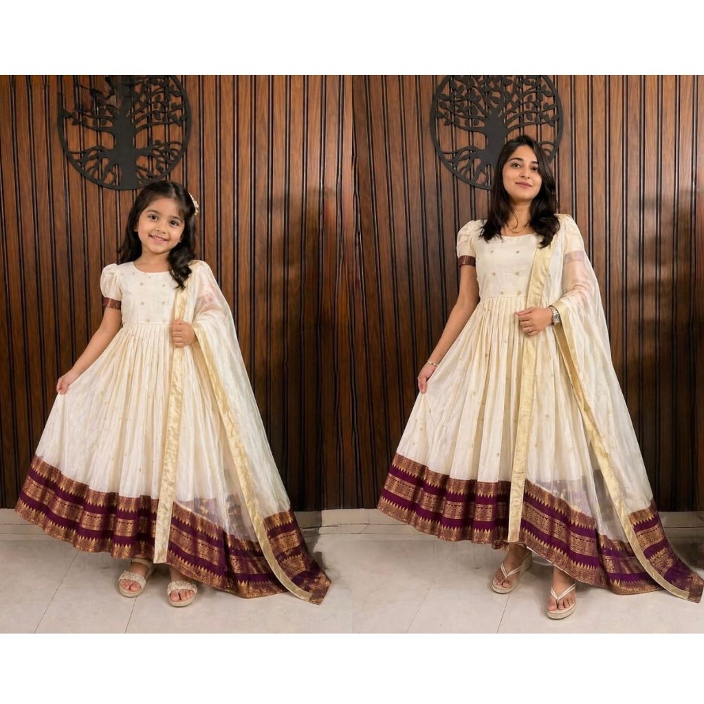 Mother Daughter Combo Twinning Silk Anarkali Gown Set with Dupatta