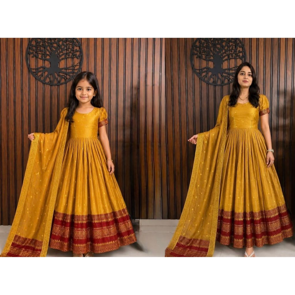 Mother Daughter Combo Twinning Silk Anarkali Gown Set with Dupatta
