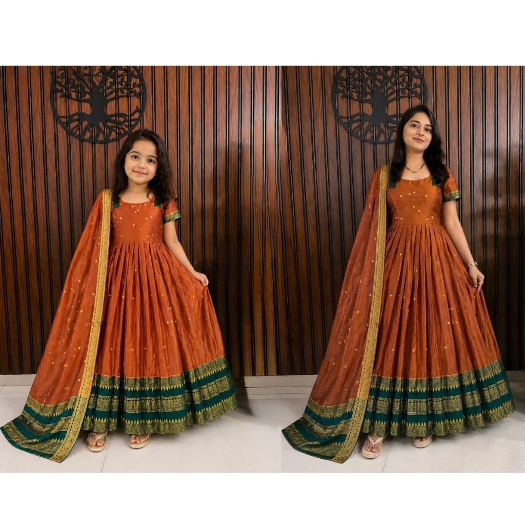 Mother Daughter Combo Twinning Silk Anarkali Gown Set with Dupatta