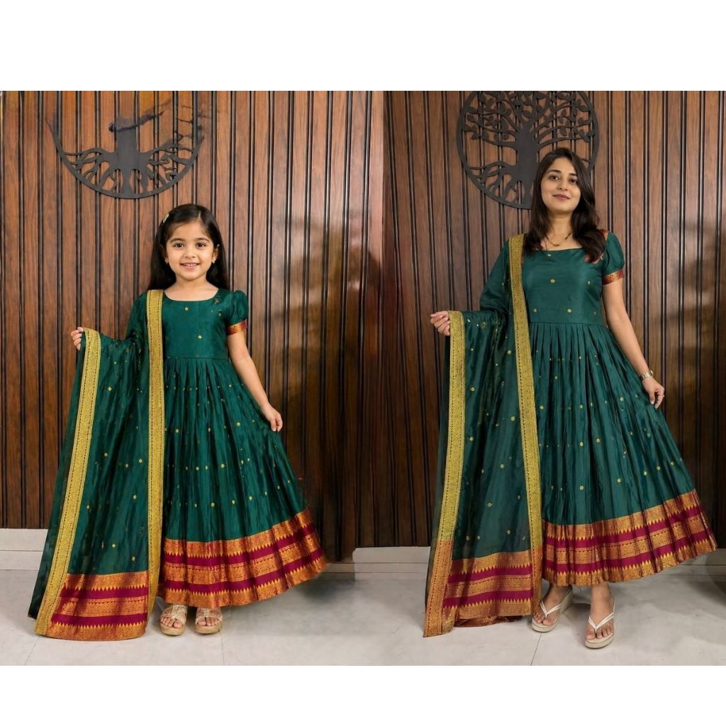 Mother Daughter Combo Twinning Silk Anarkali Gown Set with Dupatta