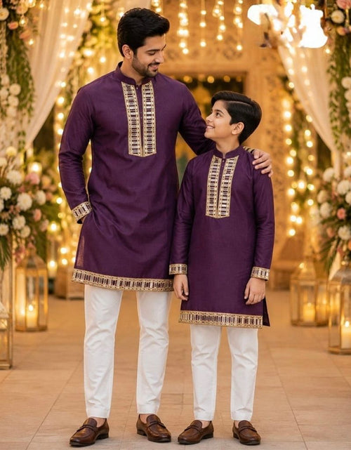 Load image into Gallery viewer, Traditional Indian Cotton Father Son Same Matching Mirror Work Kurta Pajama
