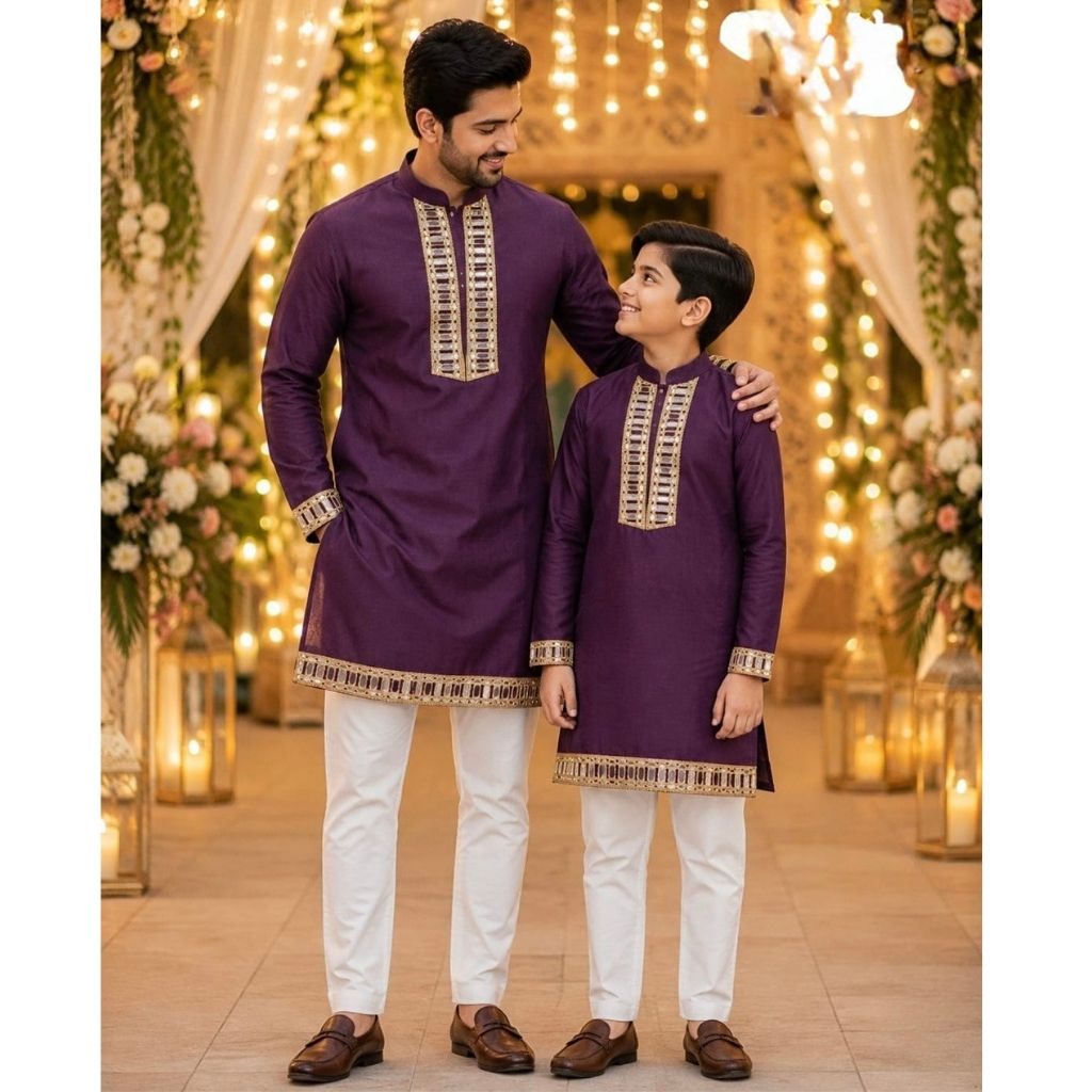 Traditional Indian Cotton Father Son Same Matching Mirror Work Kurta Pajama