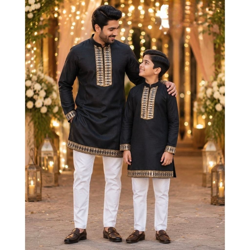 Traditional Indian Cotton Father Son Same Matching Mirror Work Kurta Pajama