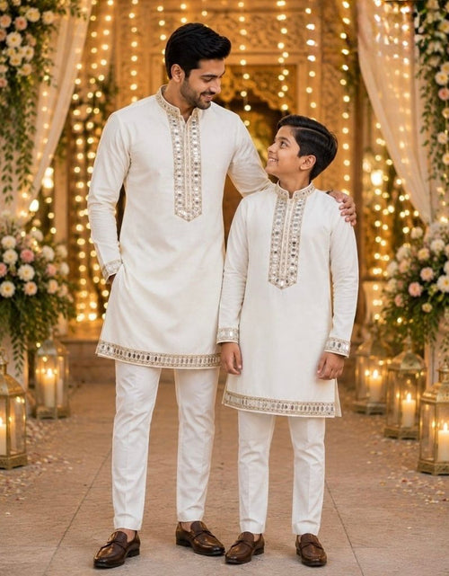 Load image into Gallery viewer, Traditional Indian Cotton Father Son Same Matching Mirror Work Kurta Pajama

