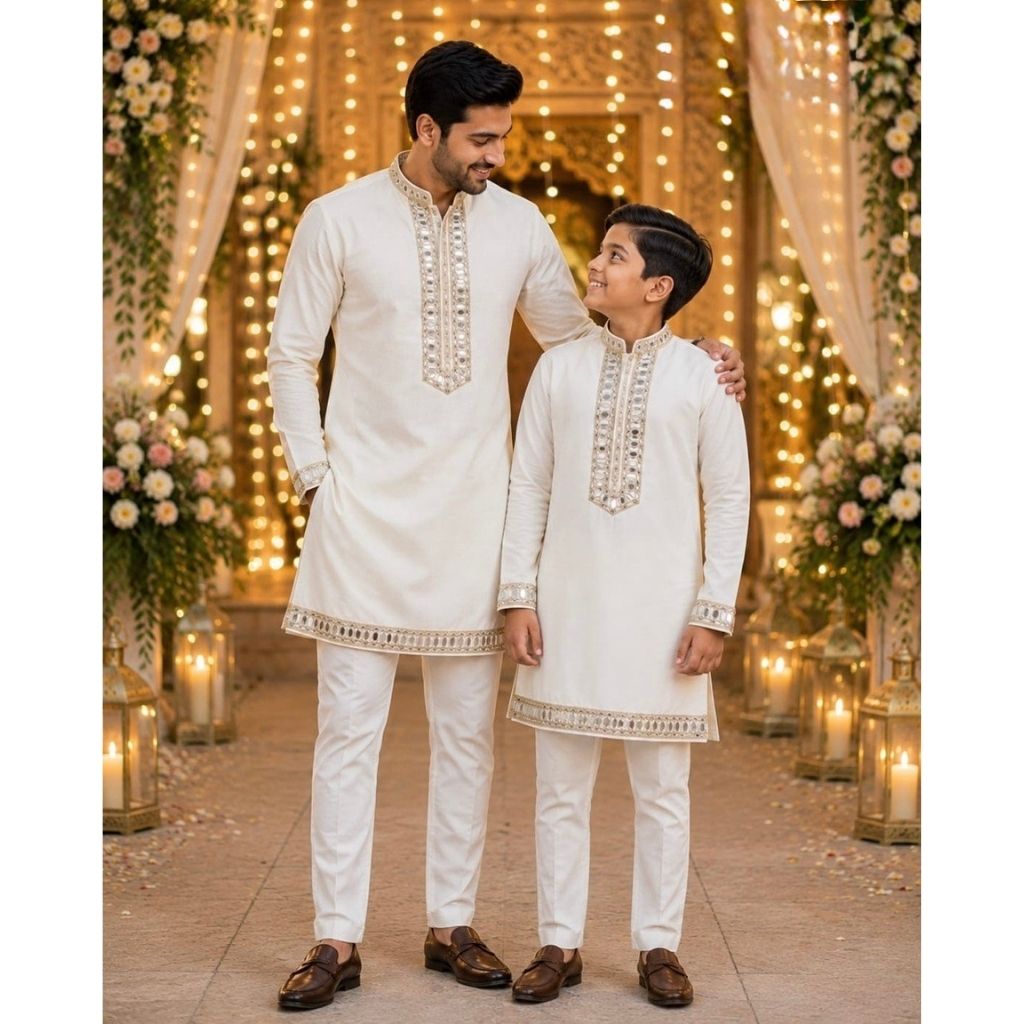 Traditional Indian Cotton Father Son Same Matching Mirror Work Kurta Pajama