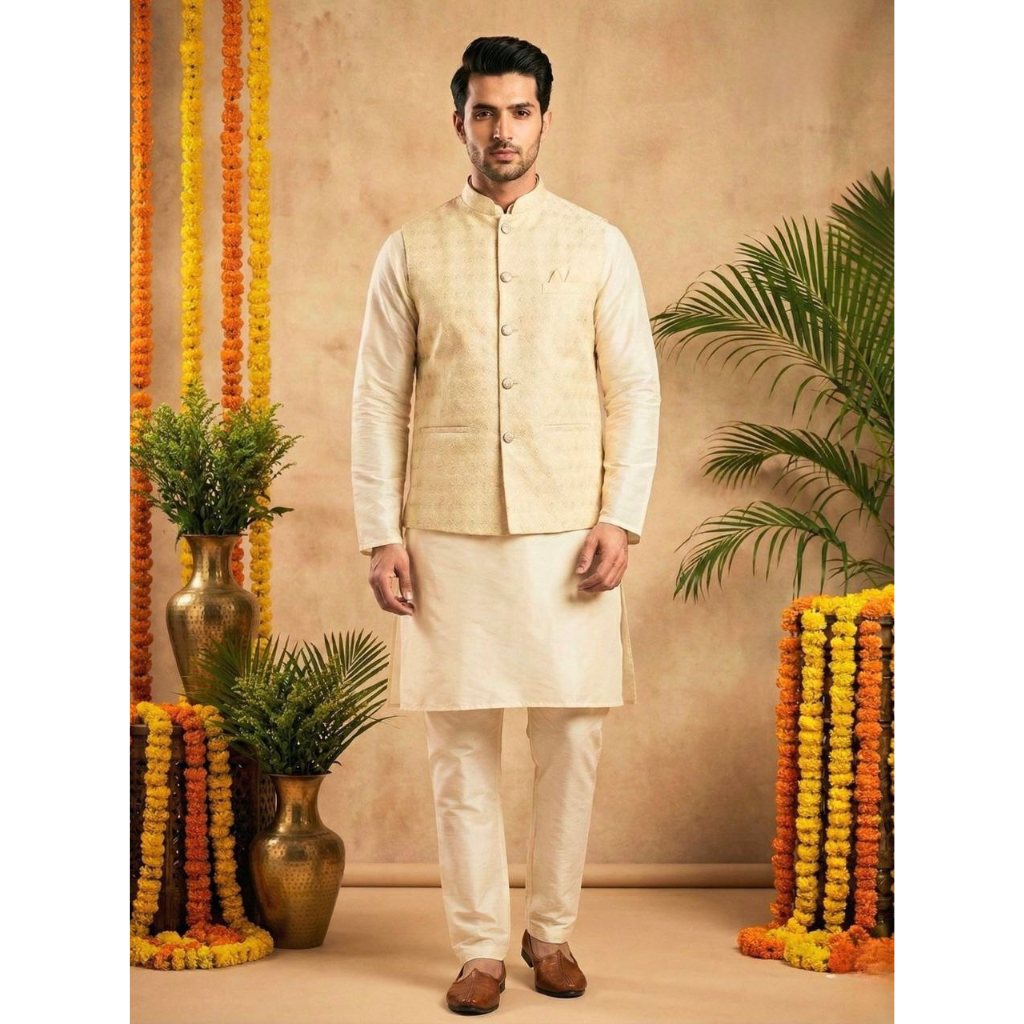 Festive Men’s Kurta Pajama Jacket Set mahezon