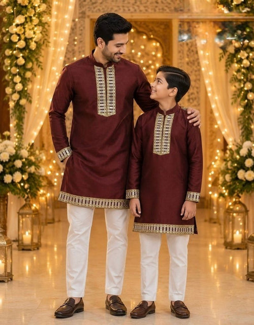 Load image into Gallery viewer, Traditional Indian Cotton Father Son Same Matching Mirror Work Kurta Pajama

