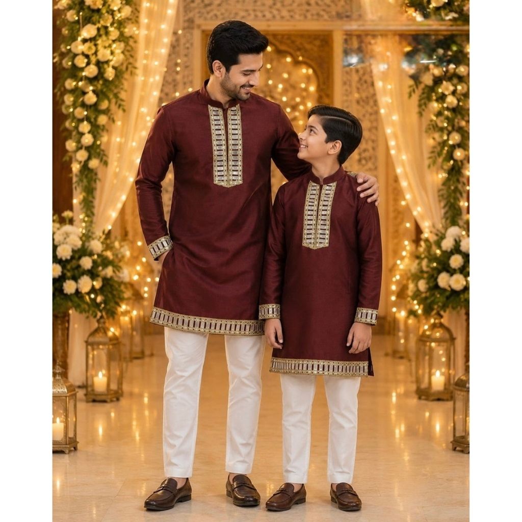 Traditional Indian Cotton Father Son Same Matching Mirror Work Kurta Pajama