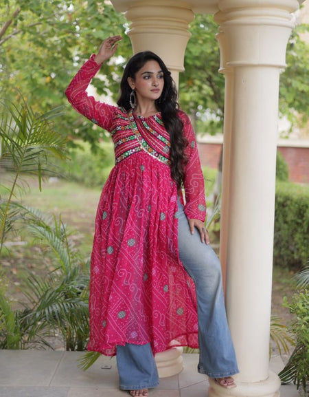 Navratri Garba Women's Bandhani Print Georgette Flared Kurta with Embroidered Bodice