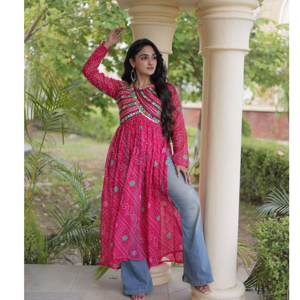 Navratri Garba Women's Bandhani Print Georgette Flared Kurta with Embroidered Bodice