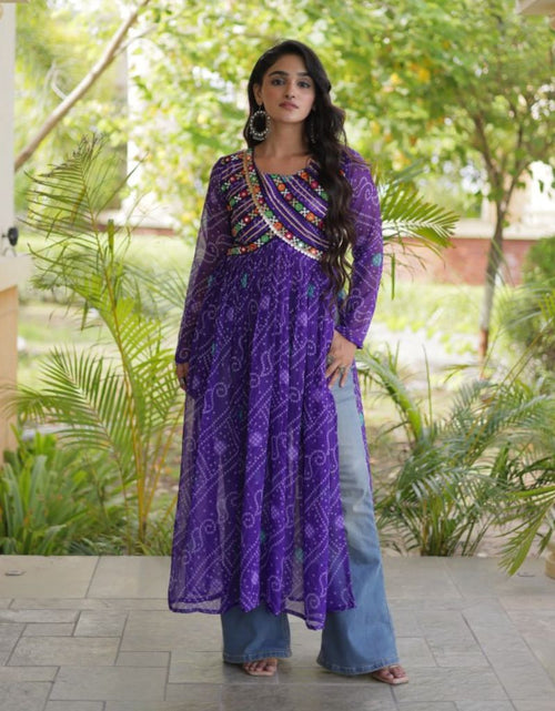 Load image into Gallery viewer, Navratri Garba Women's Bandhani Print Georgette Flared Kurta with Embroidered Bodice
