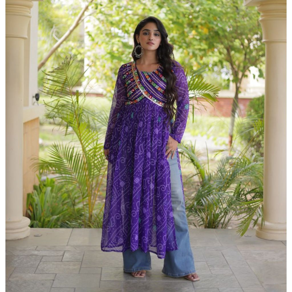 Navratri Garba Women's Bandhani Print Georgette Flared Kurta with Embroidered Bodice