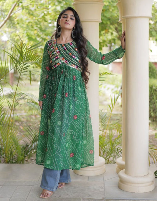 Load image into Gallery viewer, Navratri Garba Women's Bandhani Print Georgette Flared Kurta with Embroidered Bodice
