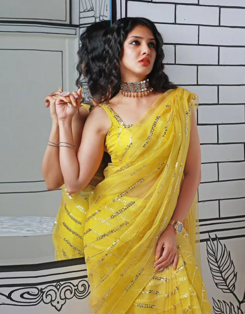 Load image into Gallery viewer, Festive Yellow Party wear Women’s Saree mahezon
