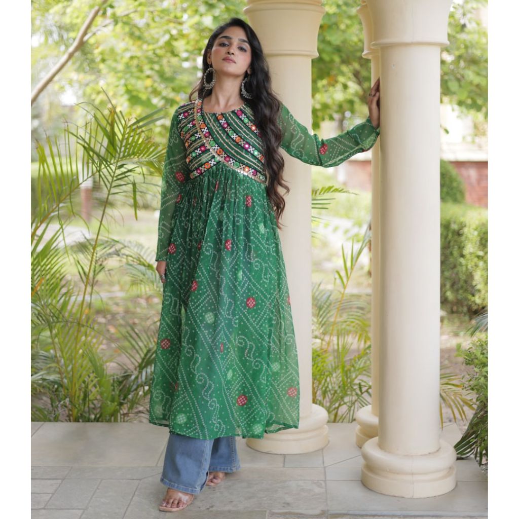 Navratri Garba Women's Bandhani Print Georgette Flared Kurta with Embroidered Bodice