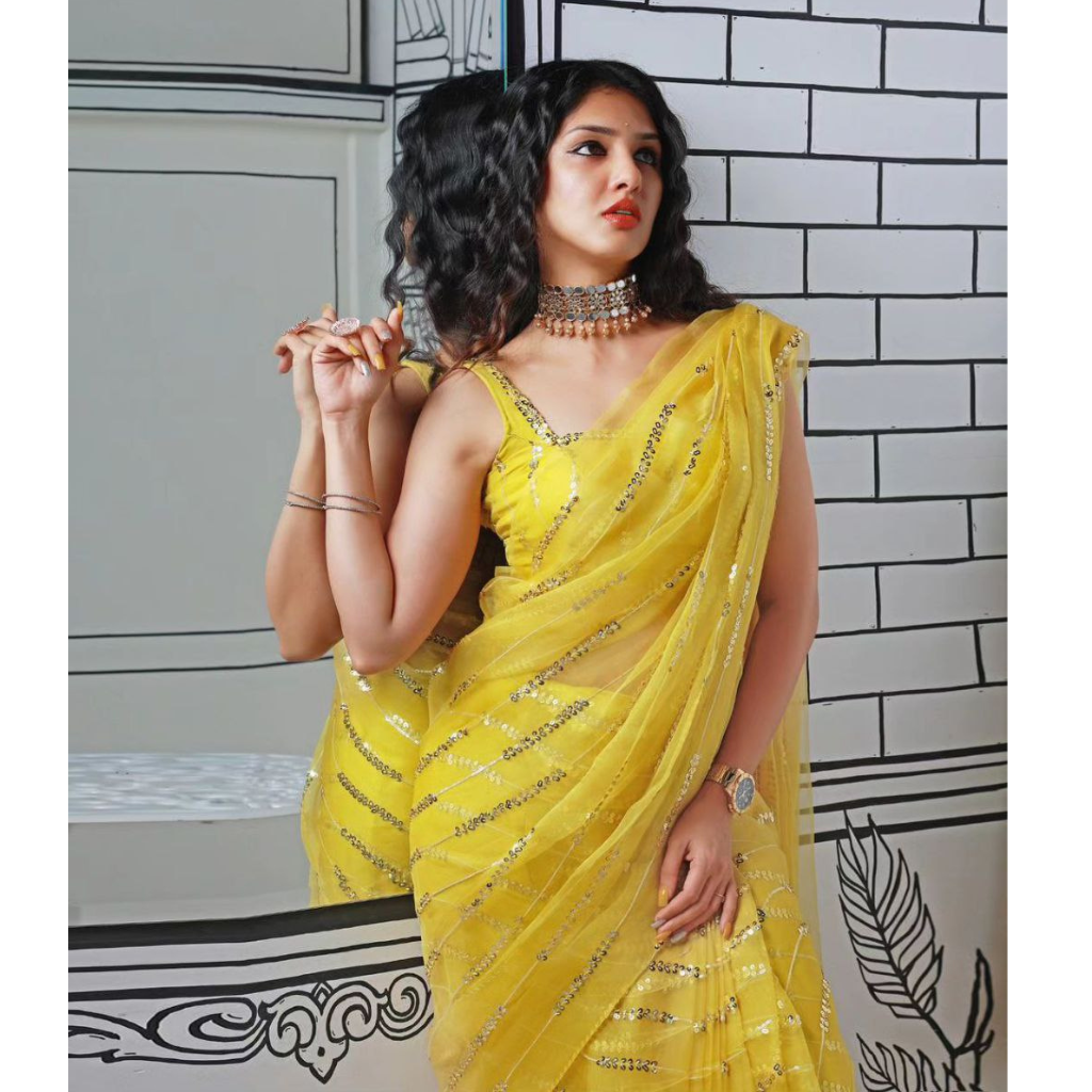 Festive Yellow Party wear Women’s Saree mahezon