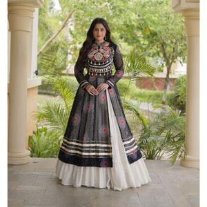 Navratri  Garba Traditional Black Bandhani Print Long Kurti with Kutchi Patchwork Kora Cotton Lehenga Set