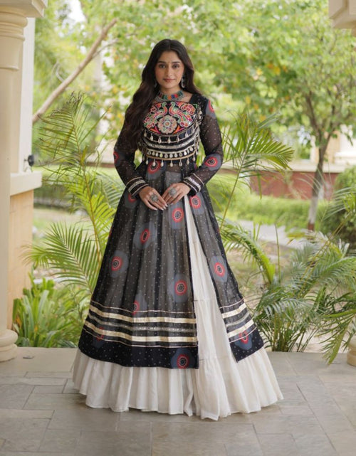 Load image into Gallery viewer, Navratri  Garba Traditional Black Bandhani Print Long Kurti with Kutchi Patchwork Kora Cotton Lehenga Set
