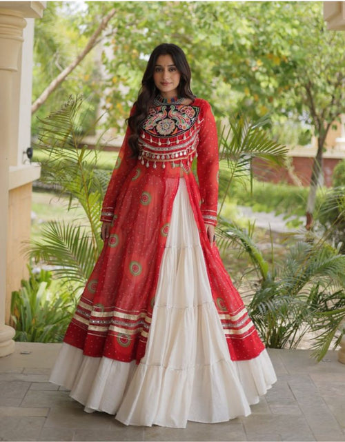 Load image into Gallery viewer, Navratri  Garba Traditional Black Bandhani Print Long Kurti with Kutchi Patchwork Kora Cotton Lehenga Set
