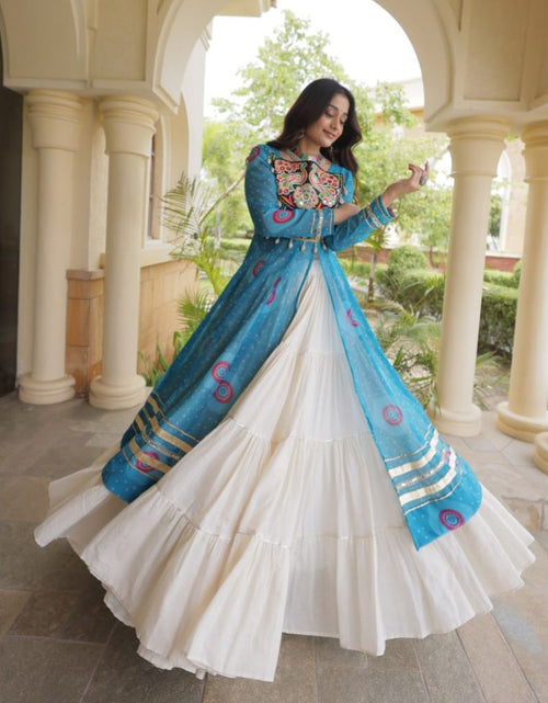 Load image into Gallery viewer, Navratri  Garba Traditional Black Bandhani Print Long Kurti with Kutchi Patchwork Kora Cotton Lehenga Set
