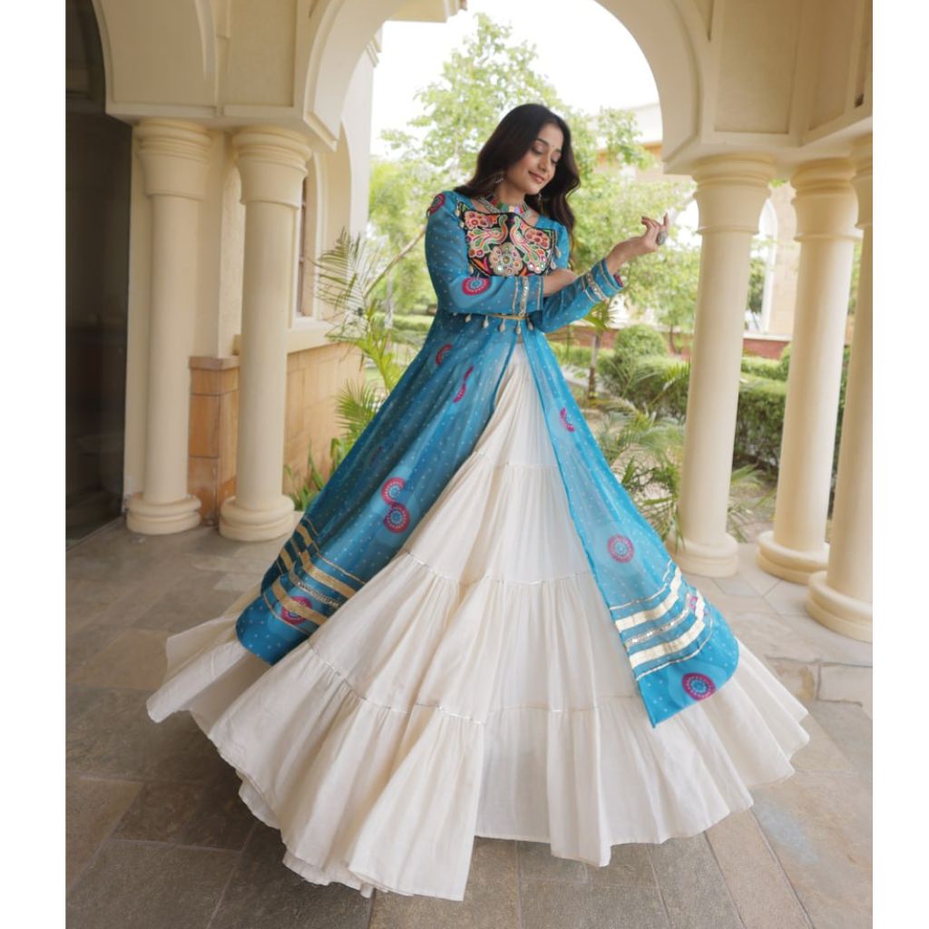 Navratri  Garba Traditional Black Bandhani Print Long Kurti with Kutchi Patchwork Kora Cotton Lehenga Set