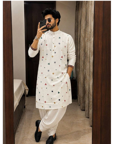 Men's Embroidered Mirror Work Festive Traditional Navratri & Diwali Kurta Dhoti Set