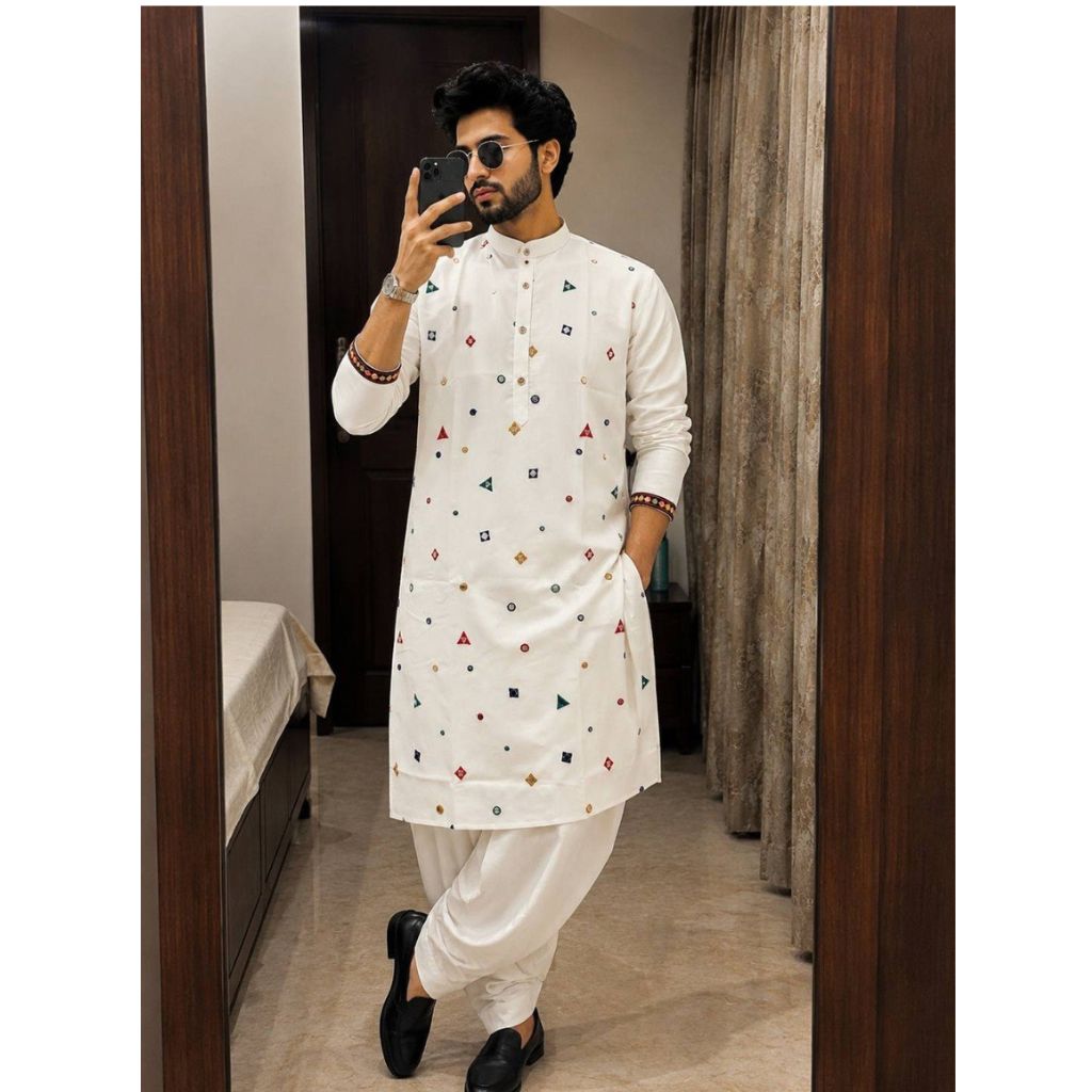 Men's Embroidered Mirror Work Festive Traditional Navratri & Diwali Kurta Dhoti Set