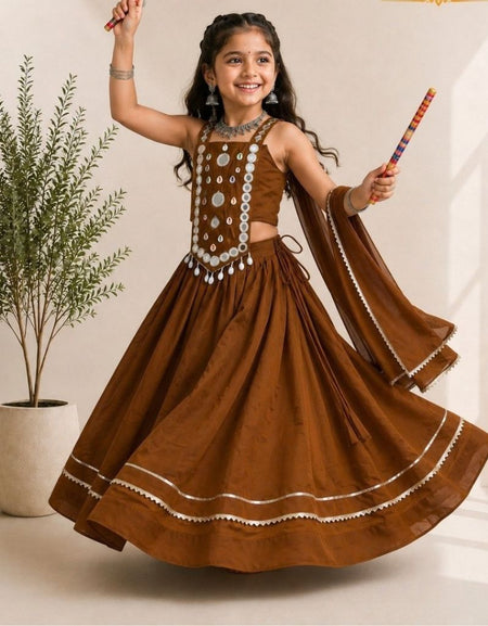 Girls Brown Embroidered Navratri Special Lehenga Choli Set (Copy) mahezon
