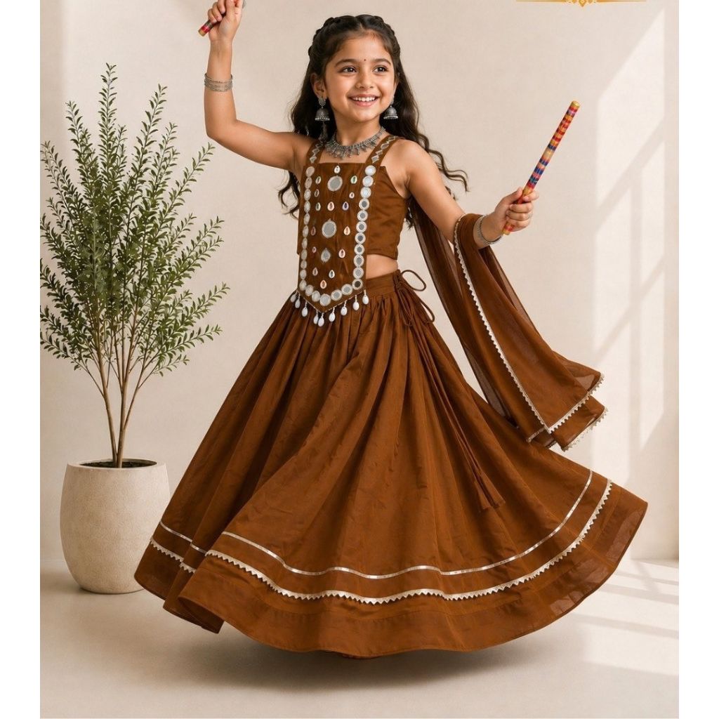 Girls Brown Embroidered Navratri Special Lehenga Choli Set (Copy) mahezon