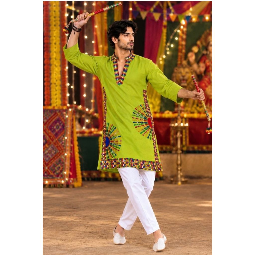 Men's Navratri Special Kurta Pajama with Vibrant Gujarati Mirror Work mahezon
