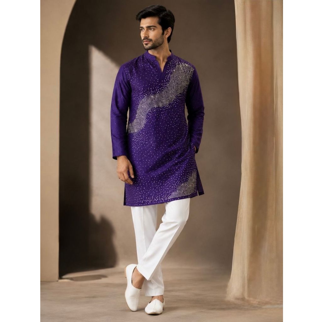Festive Men’s Royal Purple Premium Embroidered Kurta Pajama Set