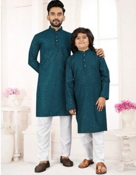 Ethnic Indian Father and Son Same Matching Blue Kurta Pajama Set mahezon