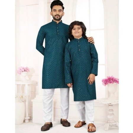 Ethnic Indian Father and Son Same Matching Blue Kurta Pajama Set mahezon