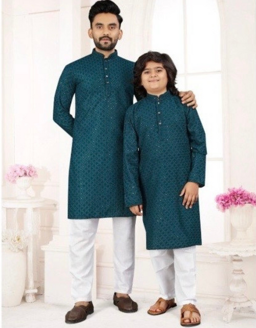 Load image into Gallery viewer, Ethnic Indian Father and Son Same Matching Blue Kurta Pajama Set mahezon
