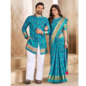Matching Couple's Festive Silk Set - Blue Saree & Kurta Combo