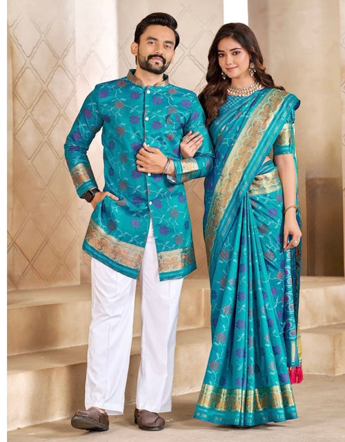 Load image into Gallery viewer, Matching Couple's Festive Silk Set - Blue Saree &amp; Kurta Combo
