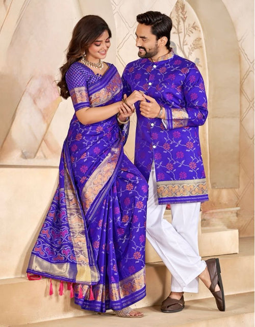 Load image into Gallery viewer, Matching Couple's Festive Silk Set - Purple Saree &amp; Kurta Combo
