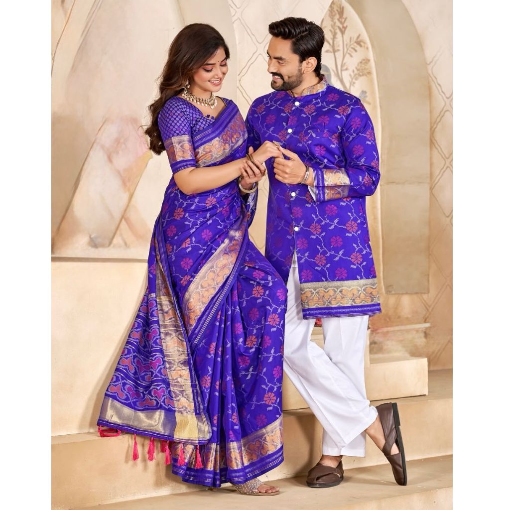 Matching Couple's Festive Silk Set - Purple Saree & Kurta Combo