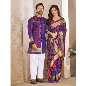 Matching Couple's Festive Silk Set - Light Purple Saree & Kurta Combo mahezon