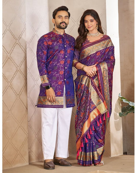 Matching Couple's Festive Silk Set - Light Purple Saree & Kurta Combo mahezon