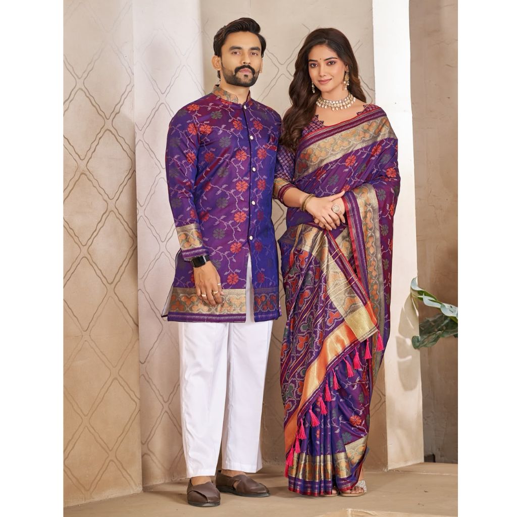Matching Couple's Festive Silk Set - Light Purple Saree & Kurta Combo mahezon