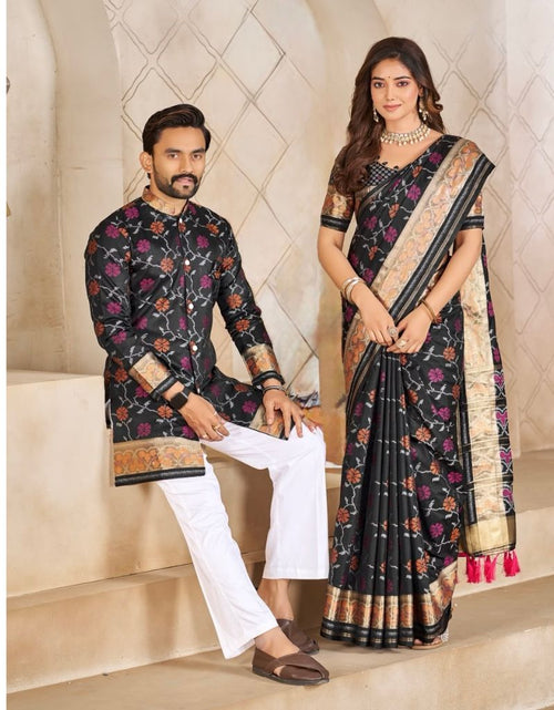 Load image into Gallery viewer, Matching Couple's Festive Silk Set - Black Saree &amp; Kurta Combo
