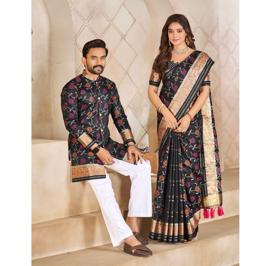 Matching Couple's Festive Silk Set - Black Saree & Kurta Combo