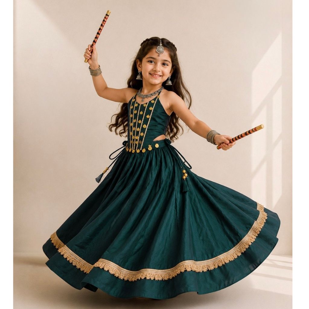 Girls Blue Embroidered Navratri Special Lehenga Choli Set
