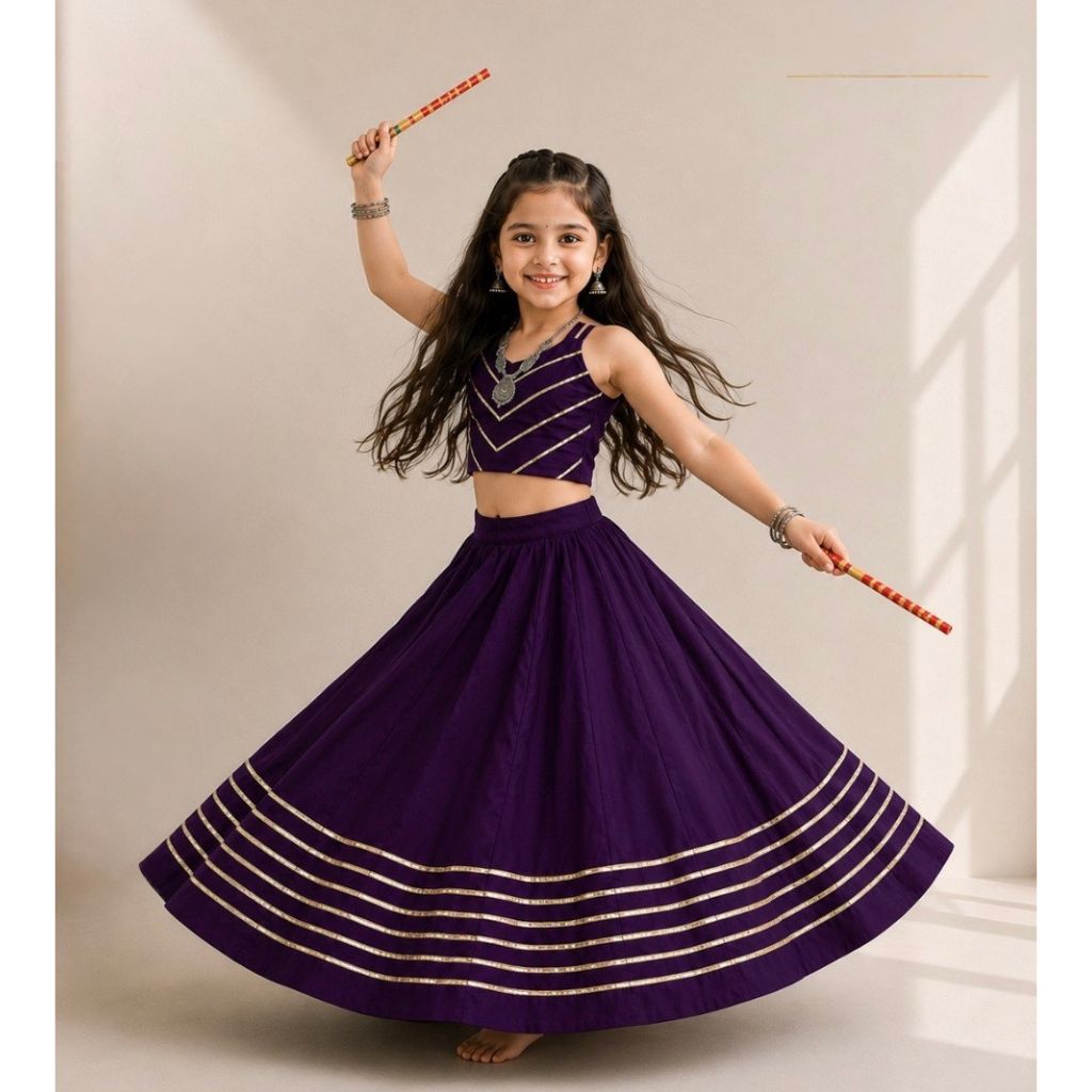Girls Purple Embroidered Navratri Special Lehenga Choli Set