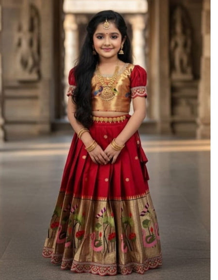 Traditional Festive Paithani Kids Silk Pattu Pavadai Lehenga Choli – Style Pattu Langa Voni For Girls