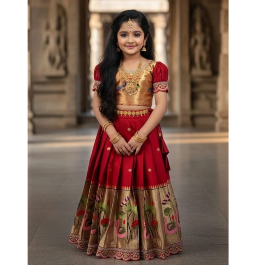 Traditional Festive Paithani Kids Silk Pattu Pavadai Lehenga Choli – Style Pattu Langa Voni For Girls