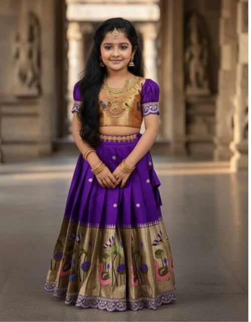 Load image into Gallery viewer, Traditional Festive Paithani Kids Silk Pattu Pavadai Lehenga Choli – Style Pattu Langa Voni For Girls
