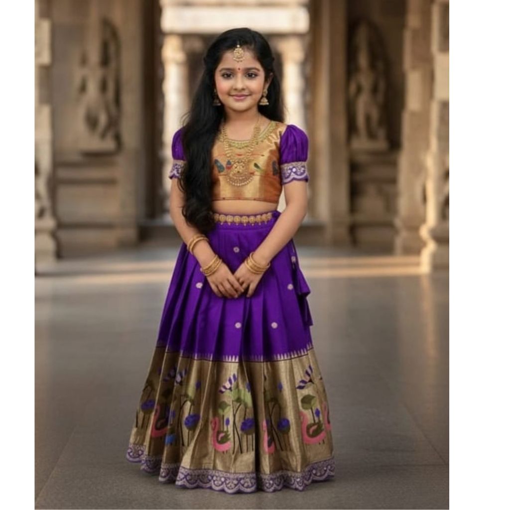 Traditional Festive Paithani Kids Silk Pattu Pavadai Lehenga Choli – Style Pattu Langa Voni For Girls
